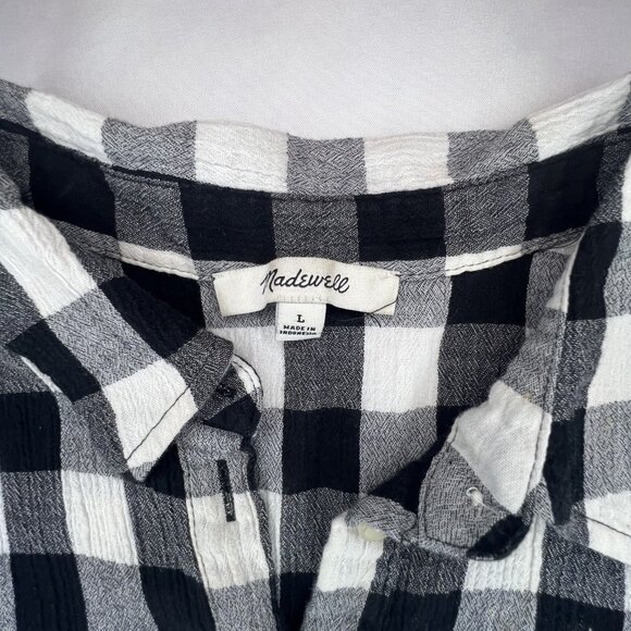 Madewell Women's Size Large Buffalo Check Black White Plaid Short Sleeve Blouse - Picture 4 of 5